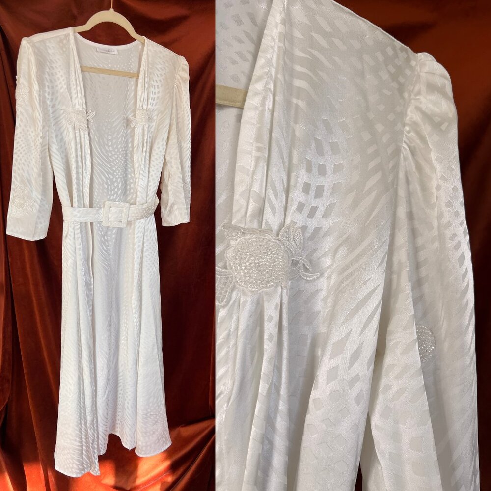 40s Glam White Loungewear Silky Robe / Wrap Dress with Beaded Rose appliqué - L